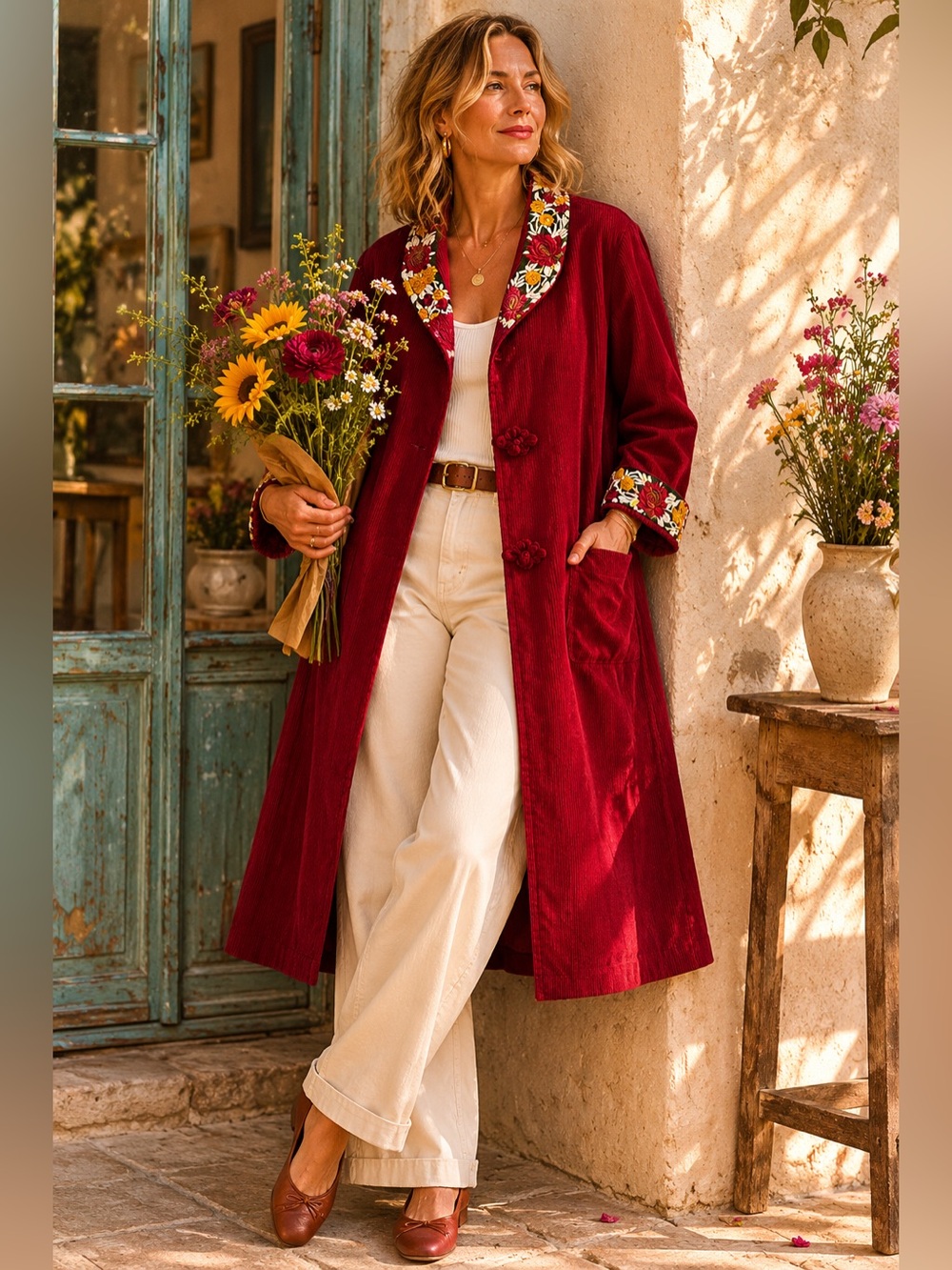 April Cornell Vintage Embroidered Corduroy Duster Coat | Cotton